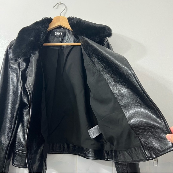 DKNY Black Large Faux Leather Women’s Moto Jacket Zip Front - Picture 5 of 13